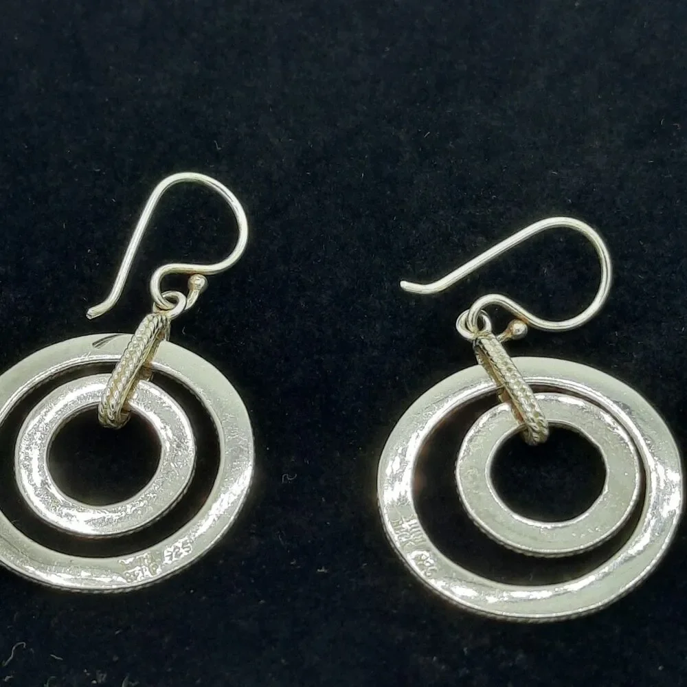 Signed Anna Beck 925 Silver Double Open Circle Dotted Spinner Dangle Earrings - Picture 4 of 5